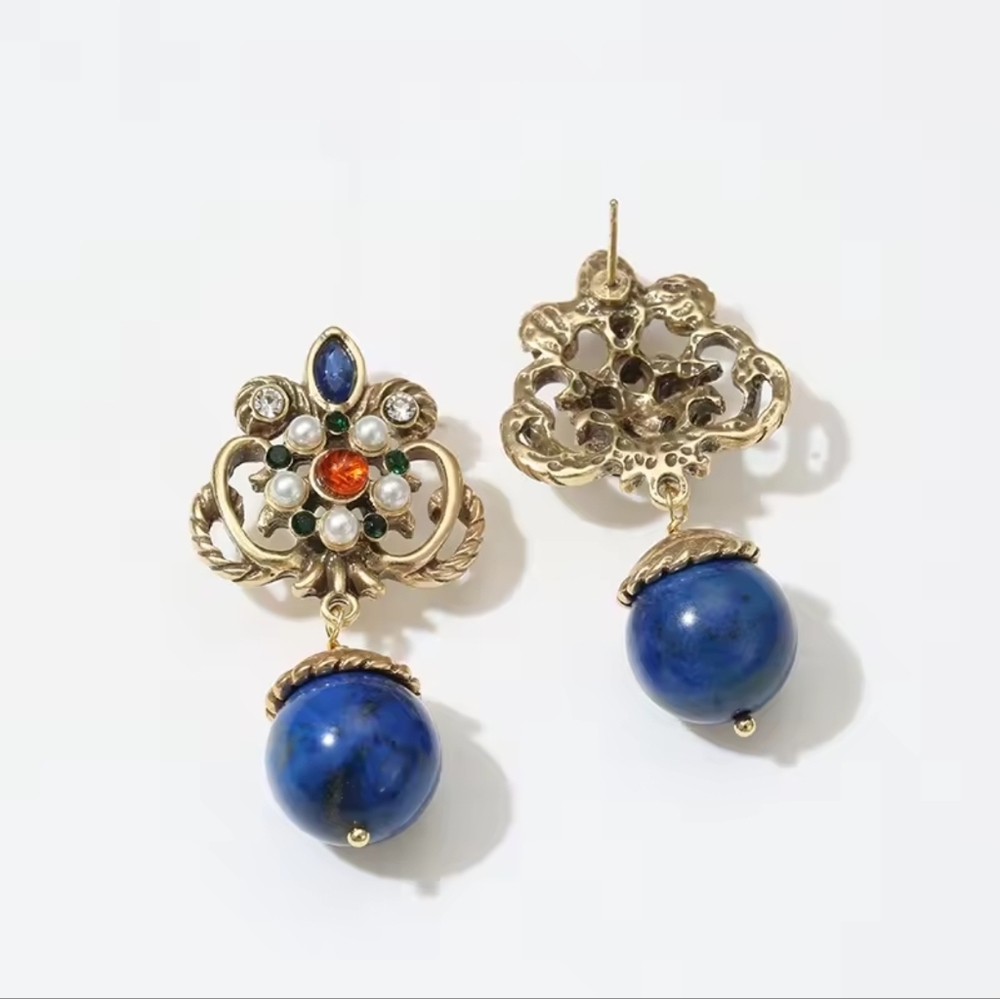 Vintage Blue and Gold Drop Earrings - Picture 8 of 8